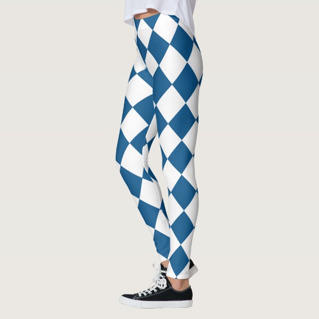 Blue | White Classic Diamond Harlequins Pattern Leggings (Left)