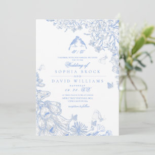 Blue White Classic French Wildflower Wedding  Invitation