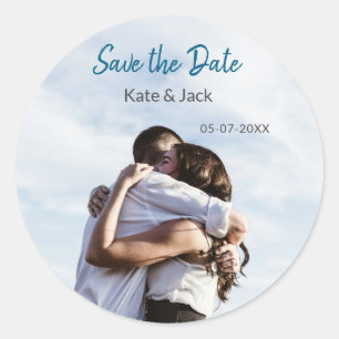 BLUE WHITE CLASSIC SCAN QR SAVE THE DATE ROUND STICKER
