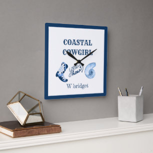 blue & white coastal cowgirl square wall clock