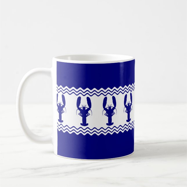 Blue White Coastal Lobster Stripes Coffee Mug (Left)