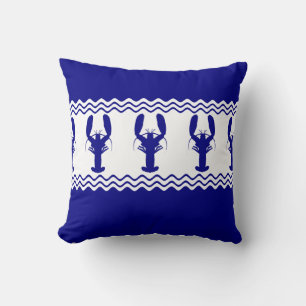Blue White Coastal Lobster Stripes Cushion