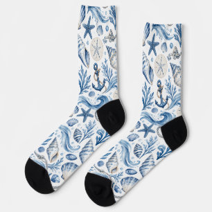 Blue & White Coastal Nautical Pattern Socks