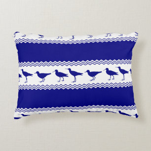 Blue White Coastal Sandpiper Bird Stripes Decorative Cushion