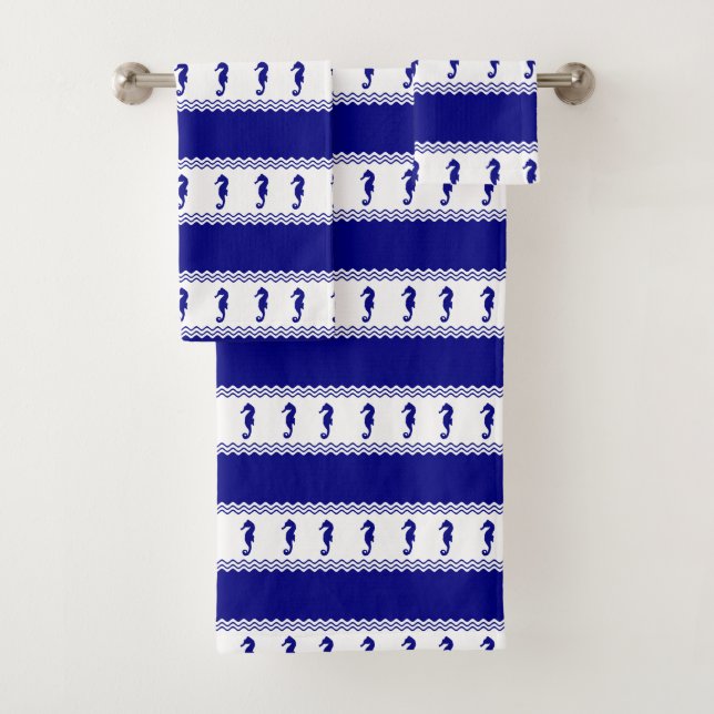 Blue White Coastal Seahorses Stripes Bath Towel Set (Insitu)