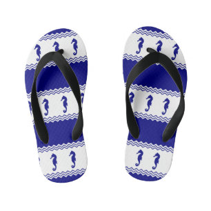 Blue White Coastal Seahorses Stripes Kid's Jandals