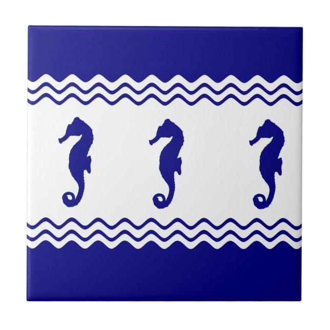 Blue White Coastal Seahorses Stripes Tile (Front)