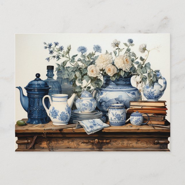 Blue White Coffee Pot Creamer Sugar Glass Jar   Postcard (Front)