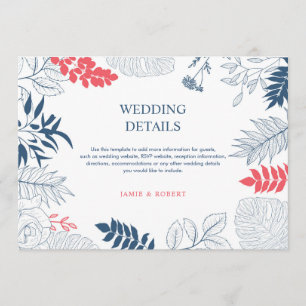 Blue white & coral-red tropical floral frame menu