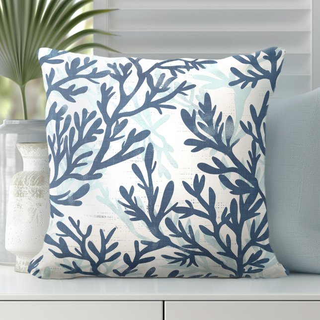 Blue & White Coral Throw Pillow (Creator Uploaded)