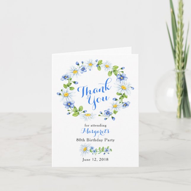 Blue White Country Daisy 80th Birthday Thank You Card (Front)