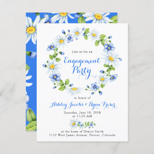 Blue White Country Daisy Floral Engagement Party Invitation