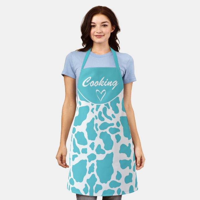Blue & White Cow Spots Animal Print Pattern Apron (Worn)