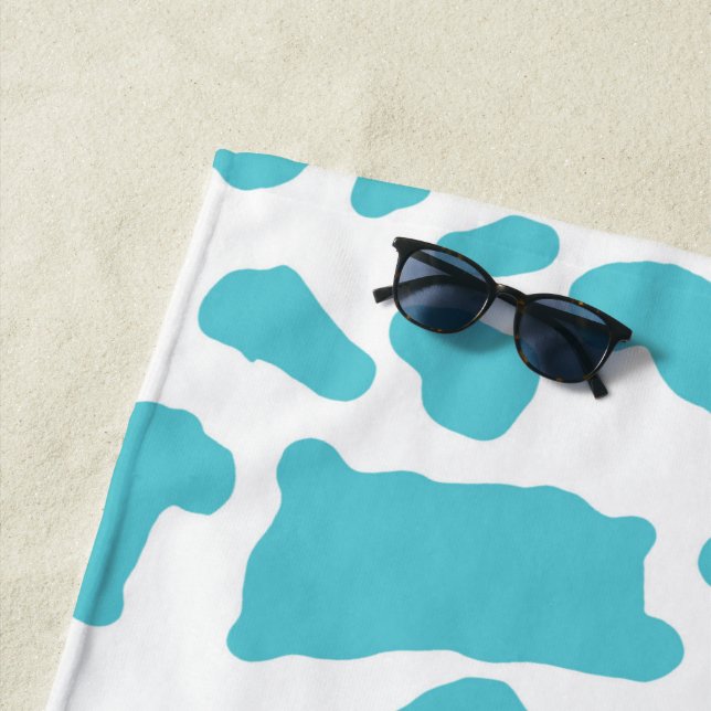 Blue & White Cow Spots Animal Print Pattern Beach Towel (In Situ)