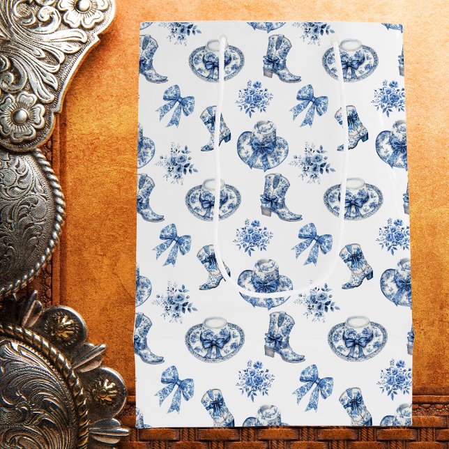 Blue White Cowgirl Boots Bows Toile Chinoiserie Medium Gift Bag (Creator Uploaded)