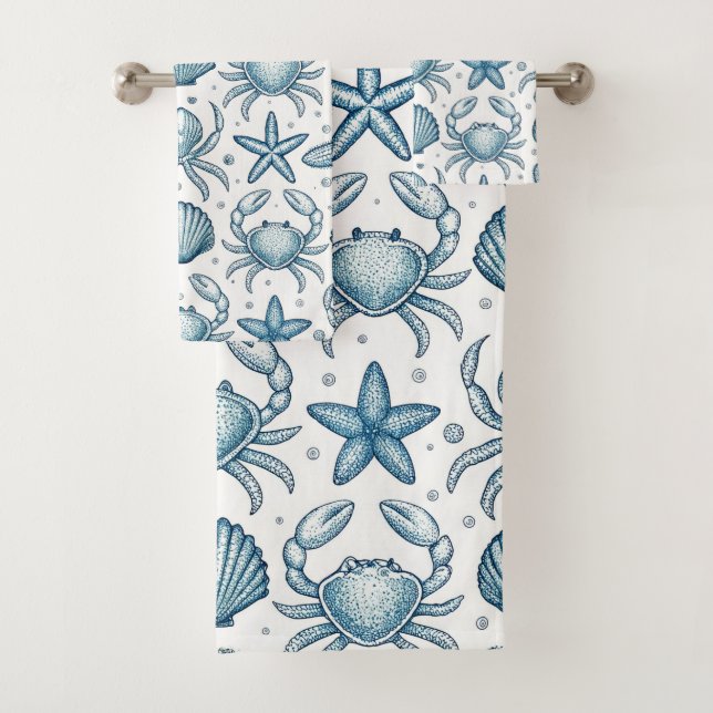 BLUE & WHITE CRABS SEASHELLS AND STARFISH BATH TOWEL SET (Insitu)