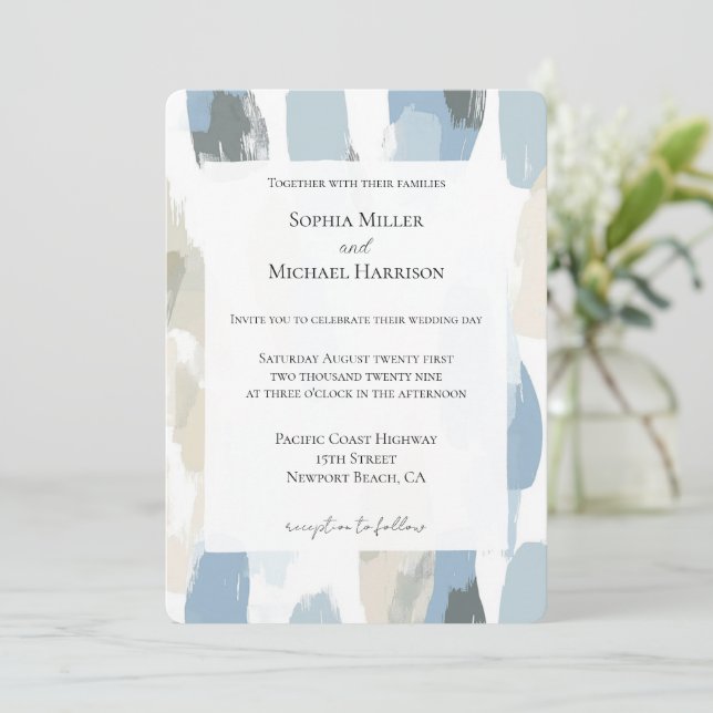 Blue White Cream Abstract Wedding Invitation (Standing Front)