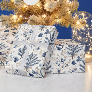 Blue White Cream Nordic Christmas Tree Branches Wrapping Paper