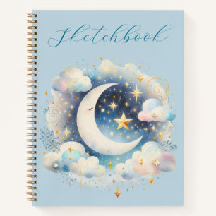 Blue White Crescent Moon Celestial Boho Sketchbook Notebook
