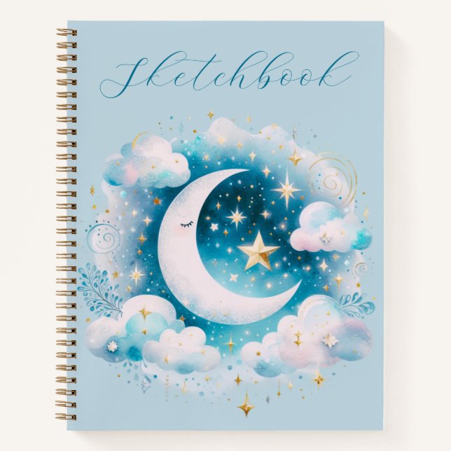 Blue White Crescent Moon Celestial Boho Sketchbook Notebook (Front)