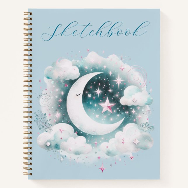 Blue White Crescent Moon Celestial Boho Sketchbook Notebook (Front)