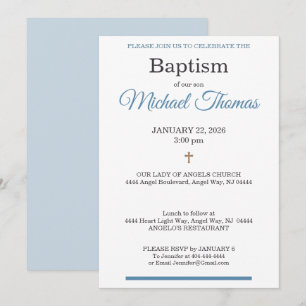Blue White Cross Custom Name Baptism Invitation