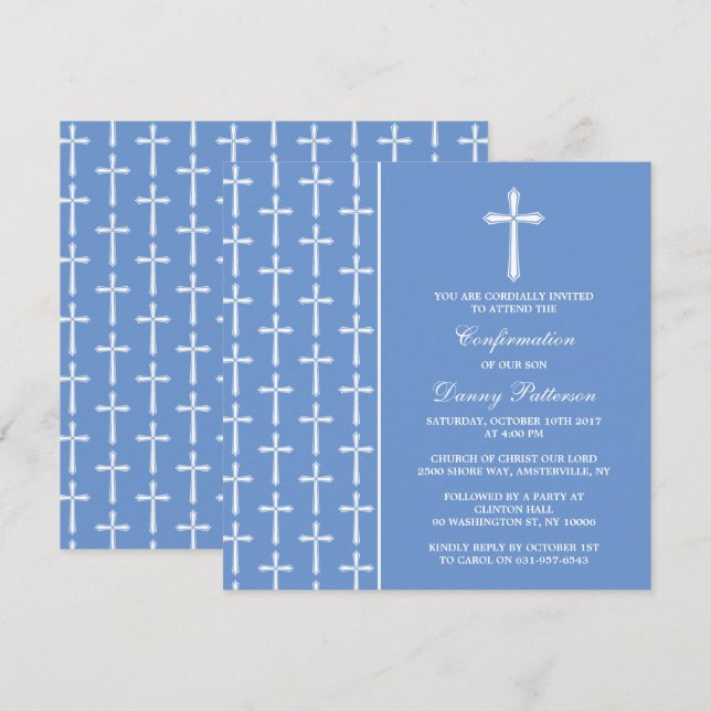 Blue & White Cross Holy Communion Or Confirmation Invitation (Front/Back)