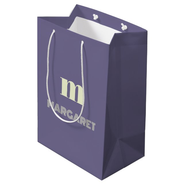 blue & white custom initial name modern medium gift bag (Back Angled)