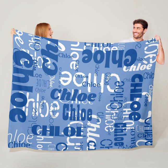 Blue & White Custom Name Pattern Retro Fonts Fleece Blanket (In Situ)