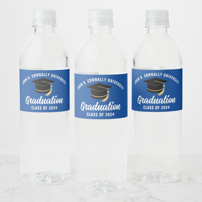 Blue White Custom School 2025 Graduation Party Water Bottle Label (Bottles)
