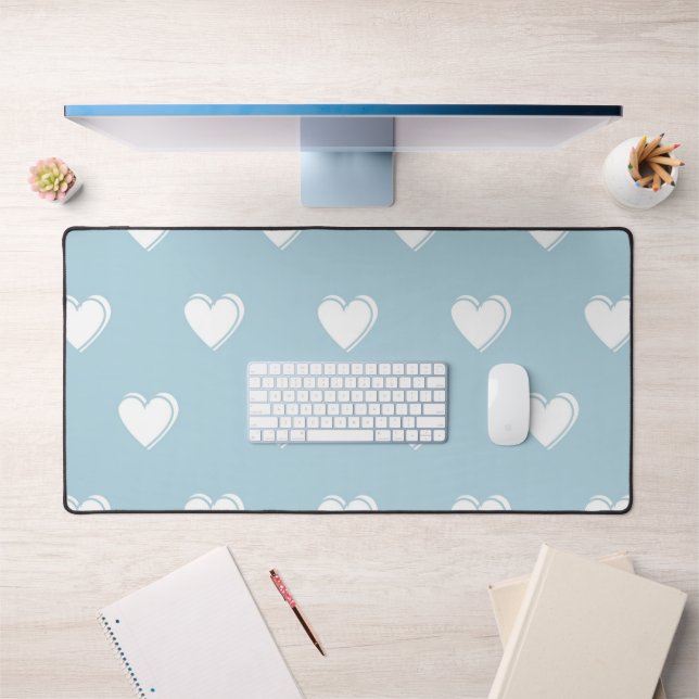 Blue White Cute Simple Heart Pattern Desk Mat (Office 1)