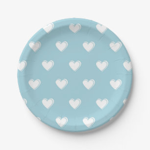 Blue White Cute Simple Heart Pattern Paper Plate