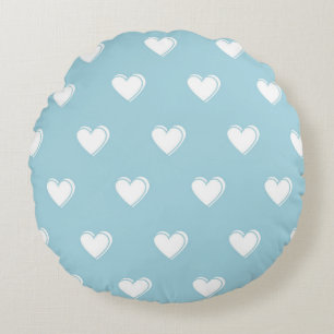 Blue White Cute Simple Heart Pattern Round Cushion