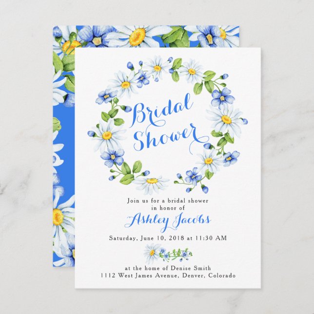 Blue White Daisy Floral Bridal Shower Invitation (Front/Back)