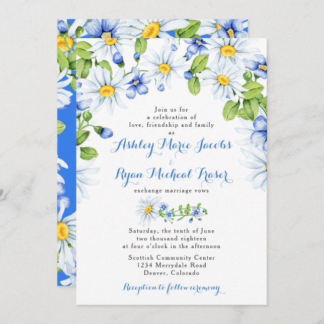 Blue White Daisy Floral Wedding Invitation (Front/Back)