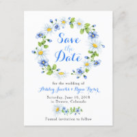 Blue White Daisy Floral Wedding Save the Date