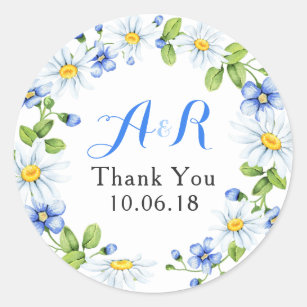 Blue White Daisy Floral Wedding Thank You Classic Round Sticker