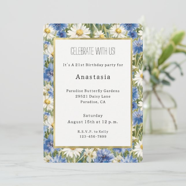 Blue White Daisy Flowers Birthday Invitation (Standing Front)