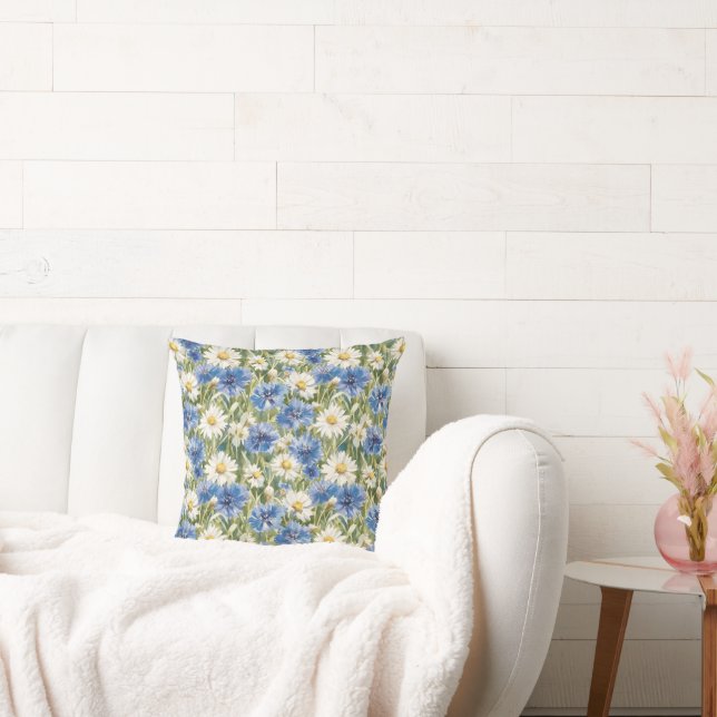 Blue White Daisy Flowers Cushion (Couch)