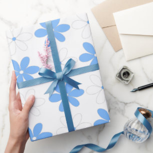 Blue White Daisy Flowers in Pretty Floral Pattern Wrapping Paper