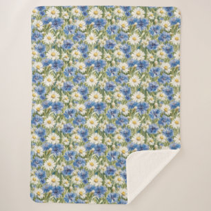 Blue White Daisy Flowers Sherpa Blanket