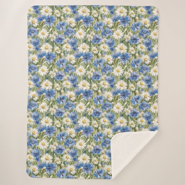 Blue White Daisy Flowers Sherpa Blanket (Front)