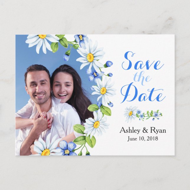 Blue White Daisy Photo Wedding Save the Date Announcement Postcard (Front)