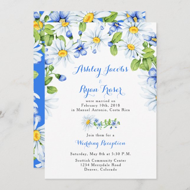 Blue White Daisy Post Wedding Reception Only Invitation (Front/Back)