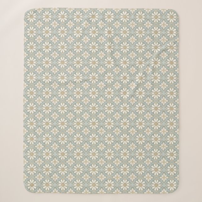 Blue & White Daisy Tile Print Sherpa Throw Blanket (Front)