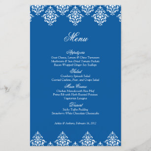 Blue White Damask Arabesque Wedding Menu Card
