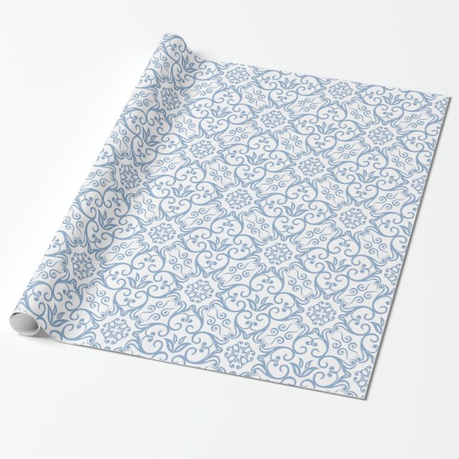 Blue & White Damask Gift Wrap (Unrolled)