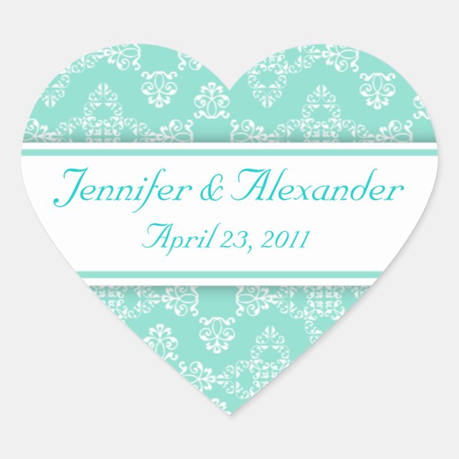 Blue White Damask Heart Wedding Invitations Seals (Front)