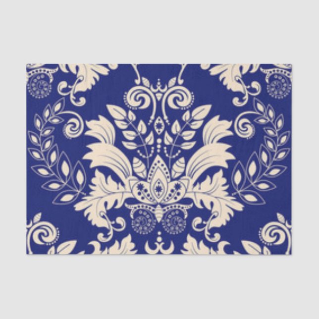 Blue & White Damask Pattern Print Design Tissue Paper (Front)