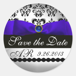 BLUE & WHITE DAMASK RIBBON MONOGRAM Sapphire Classic Round Sticker